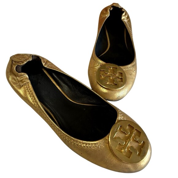 Tory Burch Distressed Leather Reva Gold Ballet Flat Slip On Shoes Womens Sz 6.5 - Picture 3 of 16